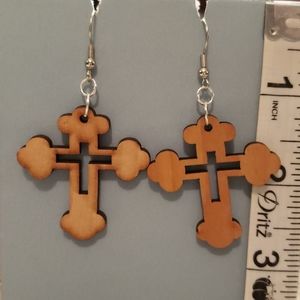 Handmade Natural Wood Cut Cross Earrings